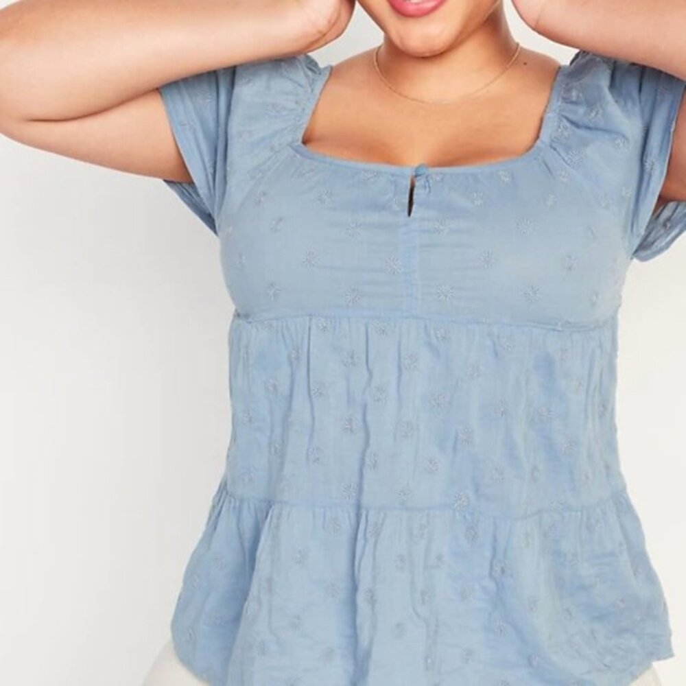NWT OLD NAVY | Tiered Embroidered Tie Back Blue Flowy Feminine Ruffle Sleeve Top